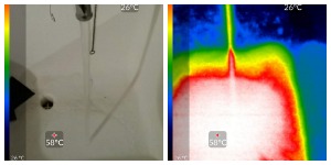 side by side photo and thermal image of hot water running