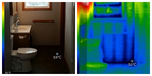 Side by side photo and thermal image bathroom