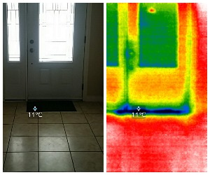 side by side photo and thermal image of air leak at door