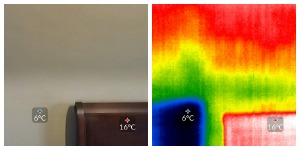 side by side photo and thermal images showing missing insulation