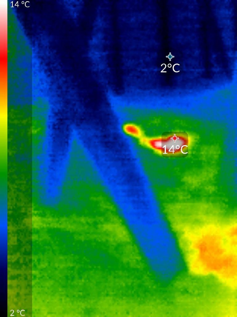 Thermal image of a dryer vent leaking into the attic